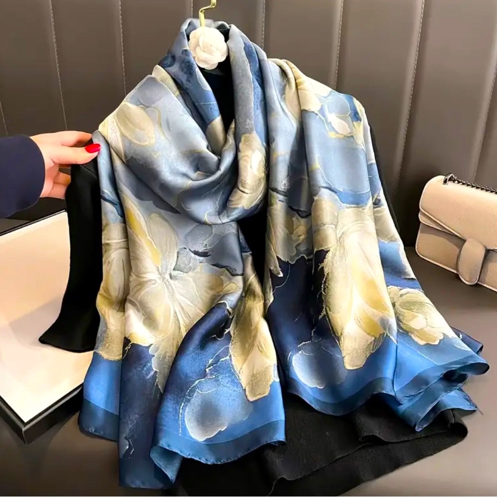 Large Square Scarf High End Soft Floral Blue 35” x 35”